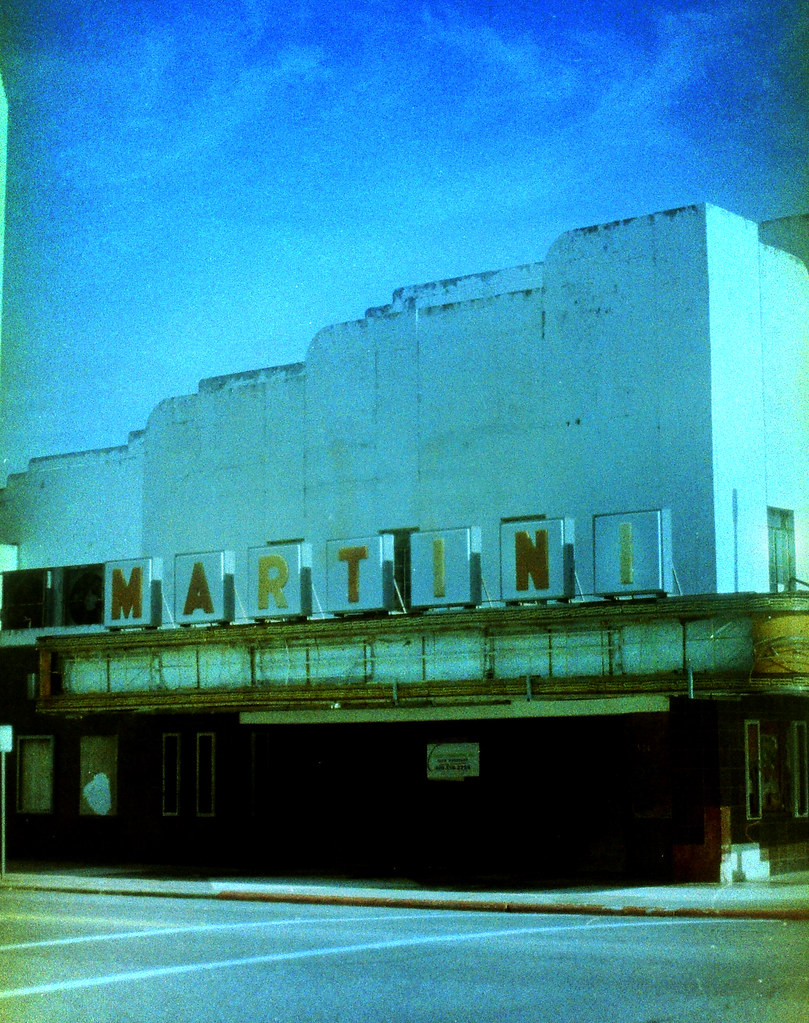 Vintage blue-toned photograph of the Martini Theatre facade in Galveston